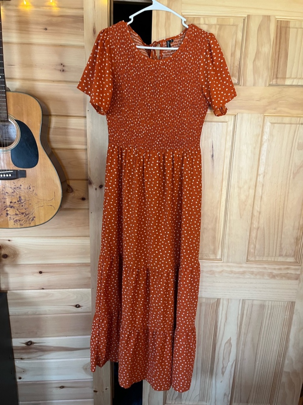 Smocked Rust Polka Dot Maxi Dress With Flutter Sleeves